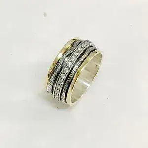Zircon Spinner Ring, Silver And 9k Yellow Gold  Spinner Ring