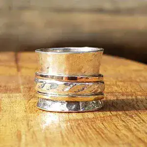 Bohemian Spinner Ring for Women, Hammered Ring, 9K Gold & Silver Ring