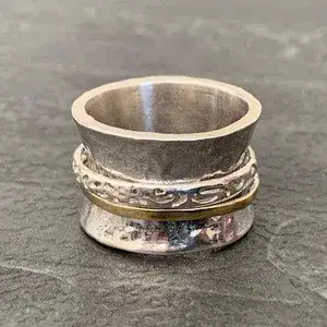 9K Gold Filigree Spinner Ring for Women, Gold and Silver Ring